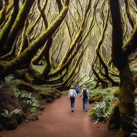 Hikers exploring a lush tropical forest trail surrounded by greenery